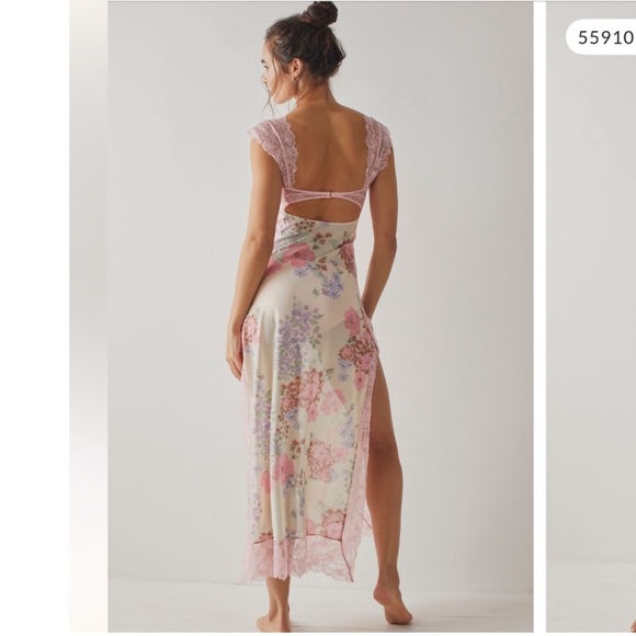 Worn 1x Free People Suddenly Fine Maxi Slip Floral Sheer Lace-trimmed Maxi Dress - Picture 9 of 10